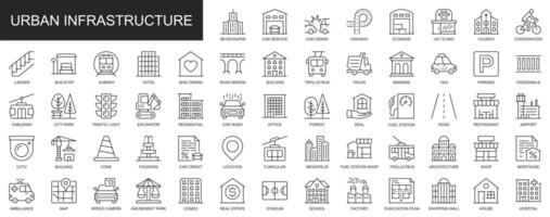 stedelijk infrastructuur web pictogrammen reeks in dun lijn ontwerp. pak van wolkenkrabber, auto onderhoud, snelweg, kliniek, ladder, hotel, metro, schuilplaats, park, andere schets beroerte pictogrammen. illustratie. vector