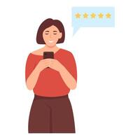 vrouw geven vijf ster terugkoppeling Aan telefoon. klant recensie beoordeling en terugkoppeling concept. vlak illustratie geïsoleerd Aan wit achtergrond. vector