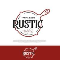 vintage retro rustiek, gietijzeren koekenpan voor voedselgerechten, klassieke restaurantkeuken, traditioneel eten, restaurantvoedsel, logo vectorillustratie