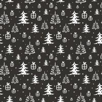 naadloos patroon met winterillustraties van sparren en geschenken, kerstachtergrond op donkere achtergrond vector