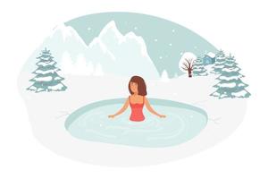 vrouwelijk personage zwemmen in ijs. gezonde levensstijl uitdaging, sportactiviteit concept. gat in het winterseizoen. vrouw humeur, gezonde levensstijl uitdaging, sportactiviteit. vector illustratie landschap