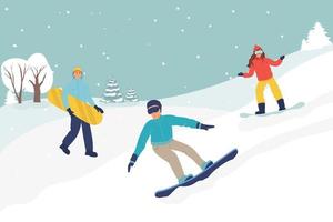 snowboarden. paar snowboarders in de bergen. wintersport en recreatie. snowboard resort met jonge man, vrouw. platte vector illustratie winterlandschap