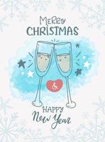hand getekende partij wenskaart met champagneglazen vectorillustratie. prettige kerstdagen en een gelukkig nieuwjaar perfect voor een kerstkaart of een elegante uitnodiging voor een vakantiefeest vector