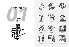 Icon pack voor business en strategie, persoonlijke sleutel, visie, brainstorm, werknemer, vaardigheid, contract ondertekenen, winst, leider, doel, teamwork, teken, planning. vector