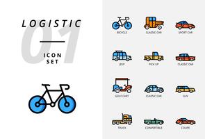 Icon pack voor logistiek, flatbed truck, zoek product, aflevering vinden, vliegtuig, gewicht, scooter, locatie, beschermd, levering, trein, schip, wereldlocatie. vector