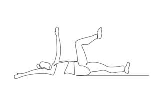 jong fit vrouw pilates sport werkzaamheid poses vol lichaam lengte een lijn kunst ontwerp vector