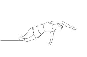 jong fit vrouw pilates sport werkzaamheid poses vol lichaam lengte een lijn kunst ontwerp vector