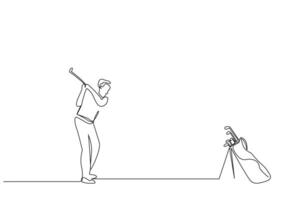 volwassen rijk Mens golf hobby sport levensstijl een lijn kunst ontwerp vector