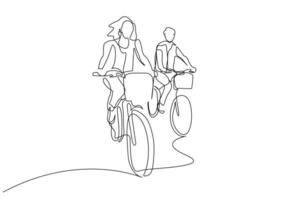 vrouw Mens twee geliefden vrienden paar rijden Fietsen buiten samen gelukkig momenten flirt lijn kunst ontwerp vector