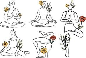 esthetisch lijn kunst yoga bloemen reeks illustratie vector