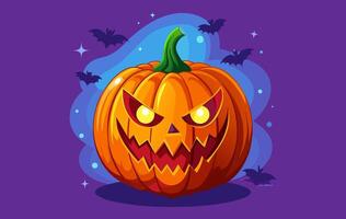 gesneden halloween pompoen met een woest gezicht. jack-o-lantern illustratie. geïsoleerd Aan Purper achtergrond. concept van halloween, spookachtig decoratie, truc of traktatie, feestelijk decor vector