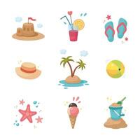 zomer set. schattig zomer pictogrammen verzameling. zomertijd elementen. strand vakantie elementen. tekenfilm illustratie. vlak ontwerp. vector