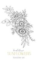 zonnebloemen lijn kunst, prima lijn zonnebloemen hand- getrokken illustratie. prima lijn zonnebloemen illustratie. bloemen lijn kunst. zwart en wit zonnebloemen grafiek vector