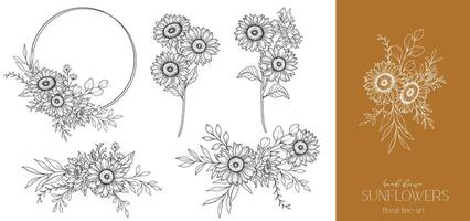 zonnebloemen lijn tekening. zonnebloem kader lijn kunst. bloemen kader. bloemen lijn kunst. prima lijn zonnebloem illustratie. hand- getrokken schets bloemen. botanisch kleur bladzijde. bruiloft uitnodiging bloemen vector