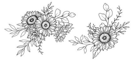 zonnebloemen lijn kunst, prima lijn zonnebloemen hand- getrokken illustratie. prima lijn zonnebloemen illustratie. bloemen lijn kunst. zwart en wit zonnebloemen grafiek vector