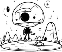 schattig tekenfilm robot karakter Aan de steen. vector