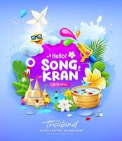 songkran water festival Thailand, kinderen spelen met zand pagode, bloem tropisch zomer plezier, poster folder ontwerp Aan Purper achtergrond, eps 10 illustratie vector
