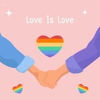 lgbt trots maand banier, kaart, sociaal media post sjabloon met hand- Holding hand- en regenboog kleur hart vector