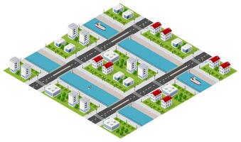 isometrische 3d illustratie van het stadsdeel met huizen vector