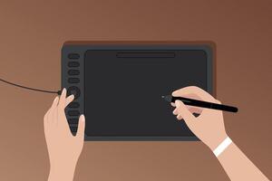tekenfilm illustratie van een grafisch tablet van dichtbij handen, een meisje houdt een stylus en trekt Aan een grafisch tablet detailopname. vector