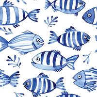 waterverf naadloos patroon met vis. kinderen gemakkelijk tekening blauw vis Aan een wit achtergrond. tekening vector