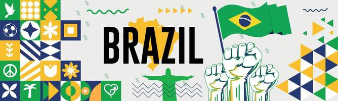 Brazilië kaart en verheven vuisten. nationaal dag of onafhankelijkheid dag ontwerp voor Brazilië viering. modern retro ontwerp met abstract pictogrammen. illustratie. vector