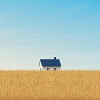 tarwe veld- met land huis en blauw lucht plein achtergrond hebben blanco ruimte. platteland achtergrond met goud kleuren gerst veld. vector