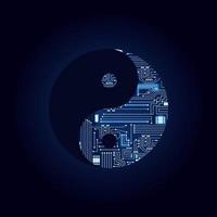yin yang-symbool met een technologisch elektronicacircuit. blauwe achtergrond. vector