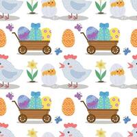 naadloos patroon met kip, ei, bloemen, ei kar, vlinders. illustratie voor Pasen. vector
