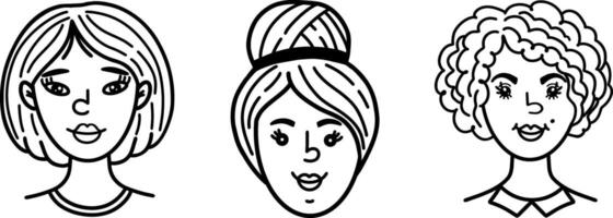 een reeks van afbeeldingen van vrouwen gezichten, een zwart en wit schetsen. avatars van sociaal media gebruikers. afbeeldingen van emoties Aan de gezichten van vrouwen. handgetekend in zwart en wit. illustratie vector