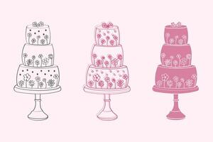 drie uitvoerig versierd moe cakes zijn geplaatst Aan een tafel, presentatie van verschillend ontwerpen en smaken. de cakes zijn voorzichtig bewerkte met lagen van glimmertjes en ingewikkeld details vector