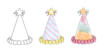 drie kleurrijk verjaardag hoeden met ster decoraties Aan top zijn geregeld netjes in een rij, klaar voor een feestelijk viering vector