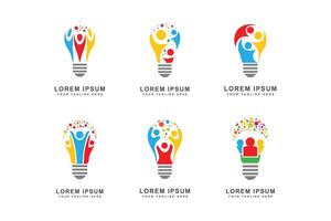 een reeks van zes licht lamp logos met mensen binnen. licht bollen zijn beschikbaar in divers kleuren en vormen vector
