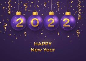 gelukkig nieuwjaar 2022. hangende paarse kerstballen met realistische gouden 3D-nummers 2022 en glitterconfetti. wenskaart. vakantie xmas nieuwjaar poster, spandoek, flyer. vectorillustratie.