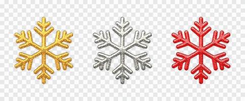sneeuwvlokken instellen. sprankelende gouden, zilveren en rode sneeuwvlokken met glitter textuur geïsoleerd op transparante achtergrond. kerst decoratie. vectorillustratie.
