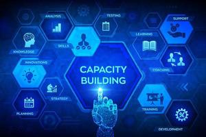 capaciteitsopbouwconcept op virtueel scherm. opleiding leren kennis vaardigheden planning strategie coaching ondersteuning ontwikkeling pictogrammen. robot hand aanraken van digitale interface. vectorillustratie. vector