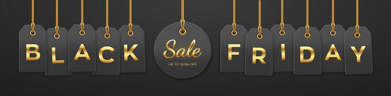 black friday-uitverkoop, winkelpromotie. prijskaartje coupons opknoping op gouden touwen met gouden letters voor zwarte vrijdag korting voor decoratie op zwarte achtergrond. realistische vectorillustratie. vector