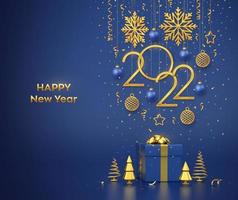 gelukkig nieuw 2022 jaar. hangende gouden metalen nummers 2022 met sneeuwvlokken, sterren en ballen op blauwe achtergrond. geschenkdoos en gouden metalen dennen of sparren, kegelvormige sparren. vectorillustratie.