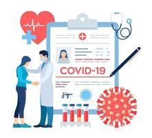 medische diagnose - coronavirus 2019-ncov. medisch concept van covid-19. arts die voor de patiënt zorgt. coronavirus symptomen. infectie van de longen. gevaarlijk coronavirus pandemie risico. vectorillustratie. vector