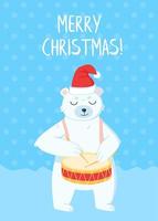Kerstkaart met ijsbeer met rode hoed die trommel speelt op de noordpool in cartoonstijl vector