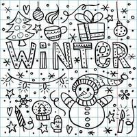 een set winterelementen in de doodle-stijl. een handgetekende illustratie op de achtergrond van een geruit notitieboekje. gelukkig nieuwjaar 2022. vrolijk kerstfeest. vector