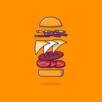 drijvende hamburger cartoon stijl pictogram illustratie. voedsel concept vector