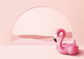 3D-roze flamingo-weergave voor de zomer, opblaasbare zwembadring in de vorm van een tropische vogel, float. zomervakantie vakantie rubber scene, reizen. podium showcase op voetstuk 3d roze achtergrond vector