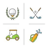 golfuitrusting gekleurde pictogrammen instellen. bal in lauwerkrans, gekruiste clubs, kar en tas. geïsoleerde vectorillustraties vector