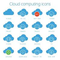 cloud computing blauwe pictogrammen instellen. digitale opslag silhouet symbolen. koop nu, download, upload, print, toegang, games, muziek, tablet pc, webcam, video en tv. vector geïsoleerde illustratie