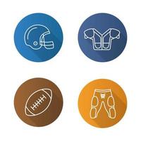 Amerikaans voetbal uitrusting. vlakke lineaire lange schaduw iconen set. helm, schoudervulling, bal, korte broek. vector lijn illustratie