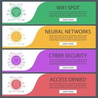 digitale banner sjablonen instellen. gemakkelijk te bewerken. cybertechnologie. wifi-verbinding, menselijk brein, veiligheidsschild, slot. menu-items van de website. kleur webbanner. ontwerpconcepten voor vectorkoppen vector