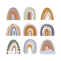 set van negen handgetekende regenbogen. kinderkamer wand decor, minimalistische vintage boho-stijl. boogsymbool voor uitnodiging voor babyshowerfeest vector