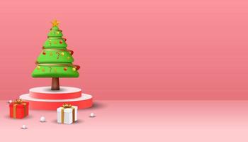 merry christmas achtergrond met 3d kerstboom op het podium en geschenkdozen 3d. kerst achtergrond met kopie ruimte vector