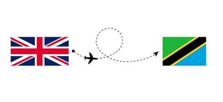 vlucht en reis van het verenigd koninkrijk van groot-brittannië naar tanzania per passagiersvliegtuig reisconcept vector